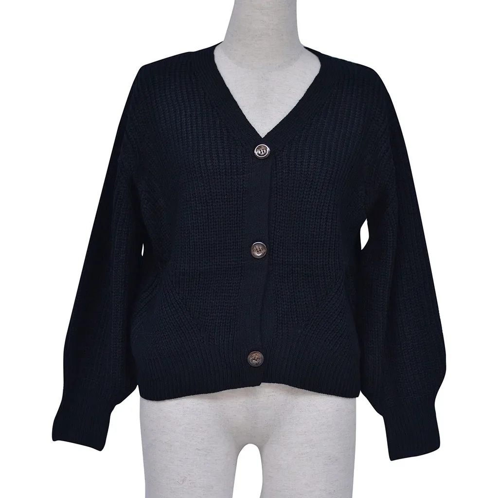 Женский Осенний теплый свитер вязаный мягкий однотонный кардиган с V-образным