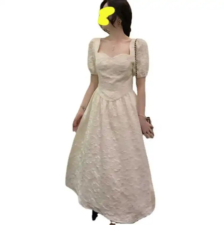 

Novo vestido feminino no 2021: quadrado, manga bolha, vestido floral, primeiro amor vestido branco doce