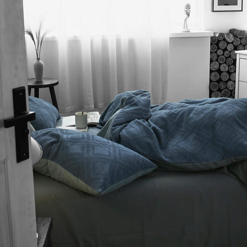 

King Size Luxury Duvet Cover Bedding Set 4 Pcs Textured Navy Blue Waffle Nordic Simplicity Cama Comforter Bedding Sets AA50CS