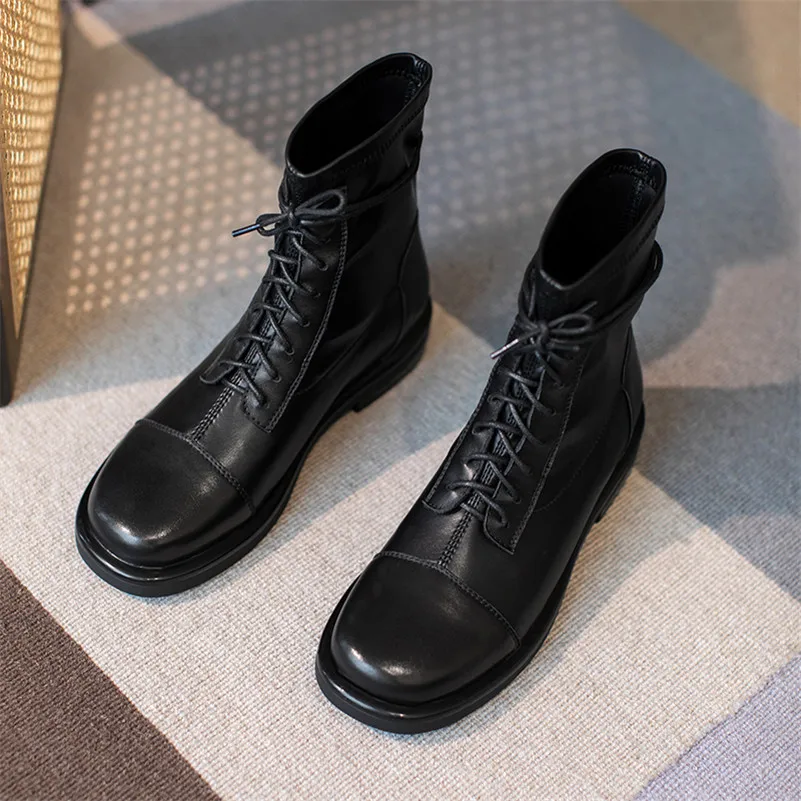 

Meotina Short Boots Women Shoes Real Leather Low Heel Boots Ladies Cross Tied Thick Heels Ankle Boots Autumn Winter Black 33-40