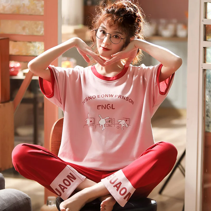 Женская пижама брюки с коротким рукавом и круглым вырезом 100% хлопок|Комплекты