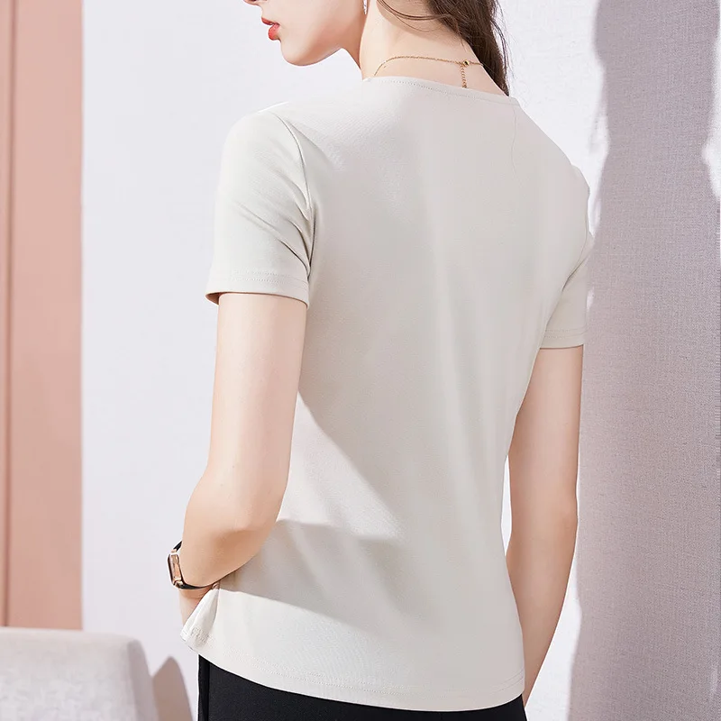 

M-4XL Plus Size Women Summer Tops New 2021 Fashion Casual V-Neck Solid Color Folds T-Shirt Elegant Slim Satin Female Shirt