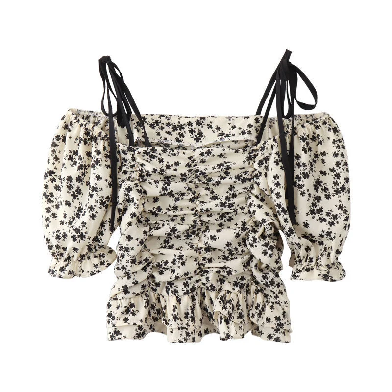 

Short one shoulder chiffon floral shirt women's summer French design small crowd bubble sleeve off shoulder short sleeve top