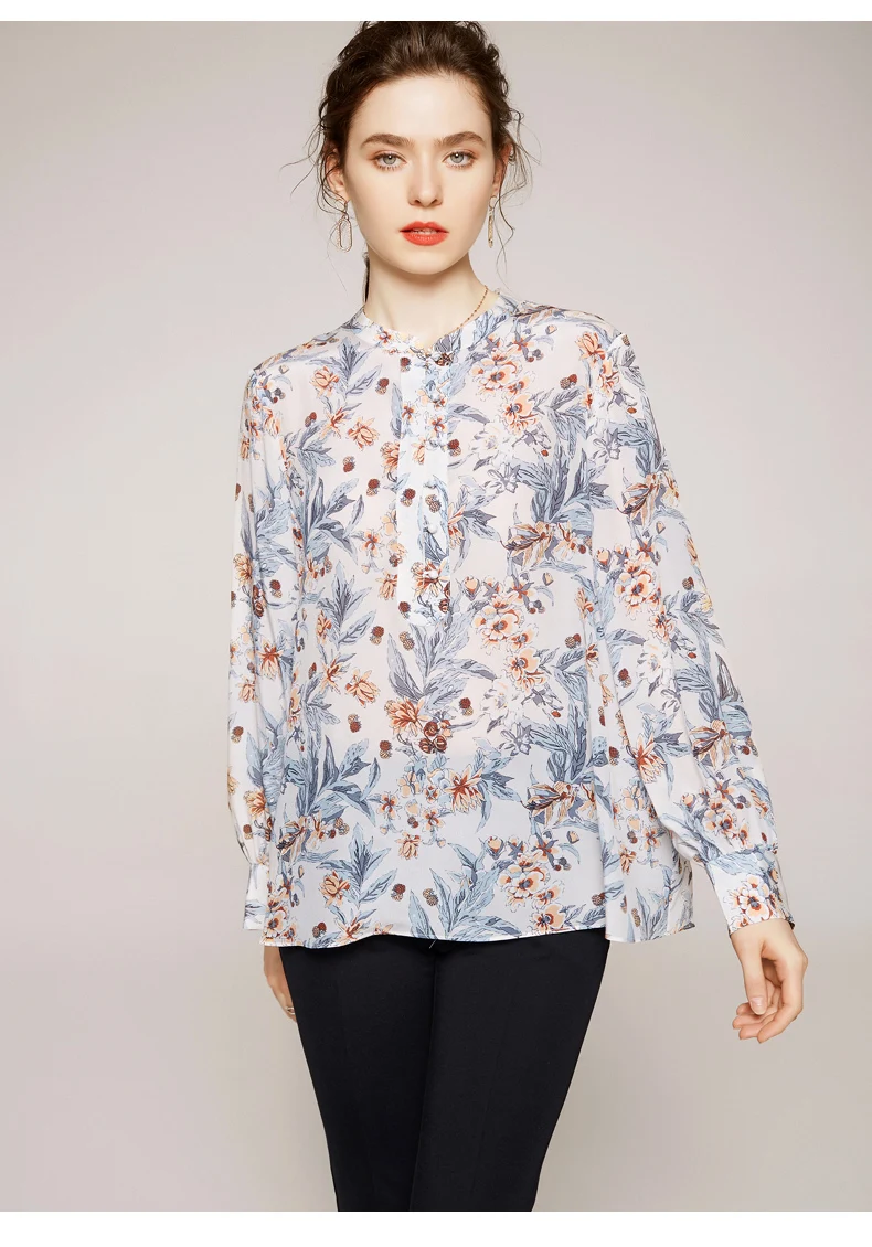 

100% Silk Women's Shirt O Neck Long Sleeves Printed Loose Design Fashion Casual Blouse Shirt