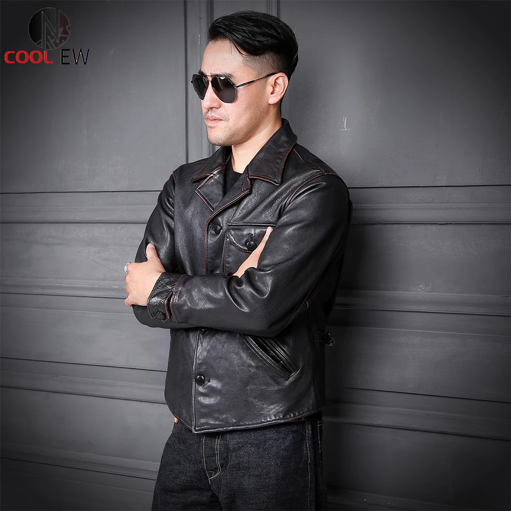 

2021 Vintage Brown Japan Casual Style Genuine Leather Jacket Men Single Breasted Plus Size 3XL Natural Horsehide Autumn Coat