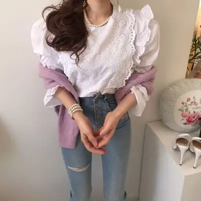 

White Ladies Tops Vintage Flare Sleeve Casual Ruffle Blouse Elegant Hollow Out Plus Size Tops 2021 Spring