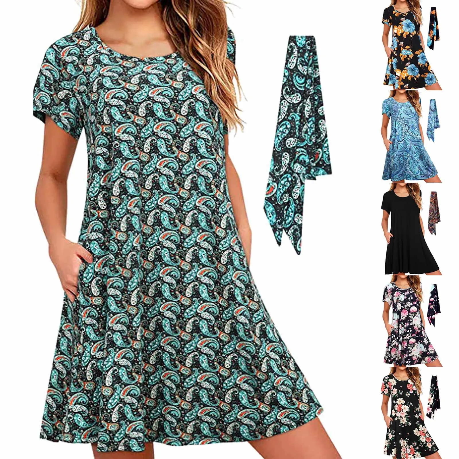 

Fashion Women's Casual Short-sleeved O-neck Retro Print Printed Pocket Ladies Slim Mini Dress 2021 Summer Dress Women Robe Femme