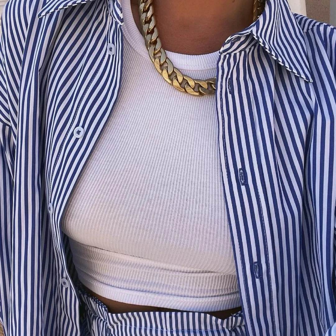 

Vintage Blue Striped Poplin Summer Long Sleeve Shirt Shorts Women Set 2 PCS Alternative Single Breasted Elastic Waist Drawstring