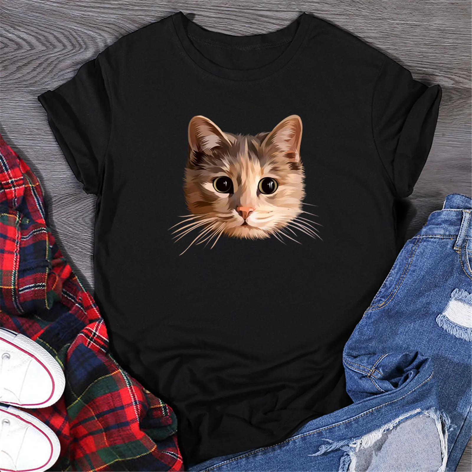 Summer Plus Size T Shirt Women Casual O-Neck Cute Animal Cat Print Short Sleeve Top Tee Harajuku Korean Tops Female T-shirt | Женская