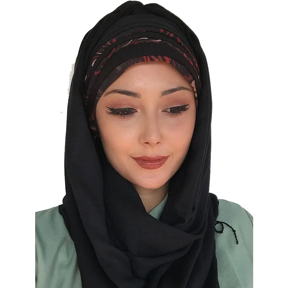 

Yeni Moda Hijab Kadın 2021 Müslüman Başörtüsü İslami Kıyafet Şapka Fular Türban Renkli Şifon Detaylı Drapeli Hazır Siyah Şal