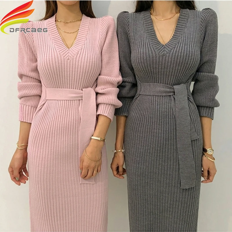 

Long Knitted Sweater Dress Women Autumn Winter 2022 Korean Style Women Long Sleeve Bodycon Dresses Black Pink Dress Woman