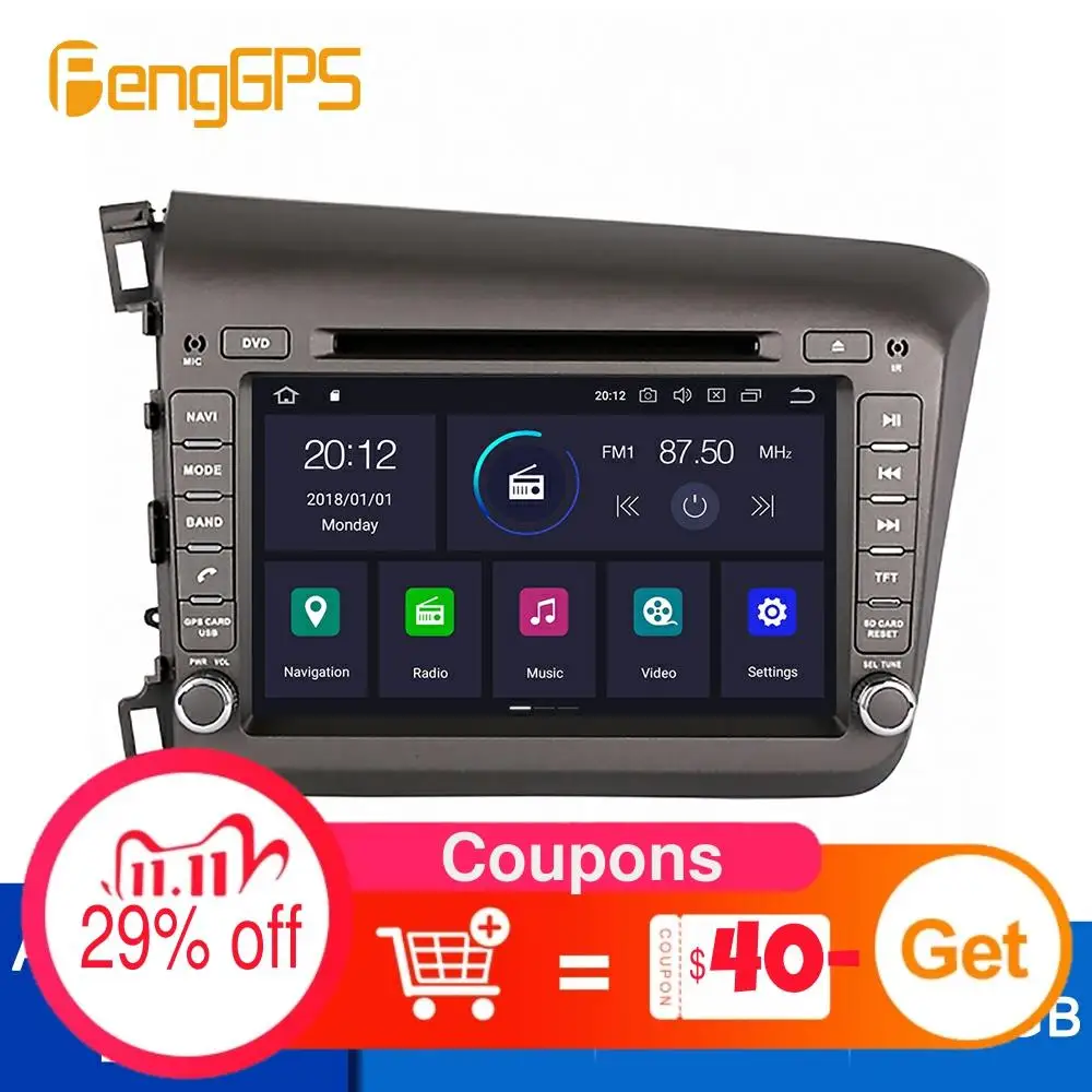 

Android 10.0 DVD Player For Honda CIVIC 2012-2016 Touch Screen GPS Navigation Multimedia Headunit 4G+64G 10.2" DSP PX6 Carplay