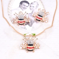 new bee pearl necklace earrings set insect bumblebee fashion luxury gold rhinestone jewelry best gift for women