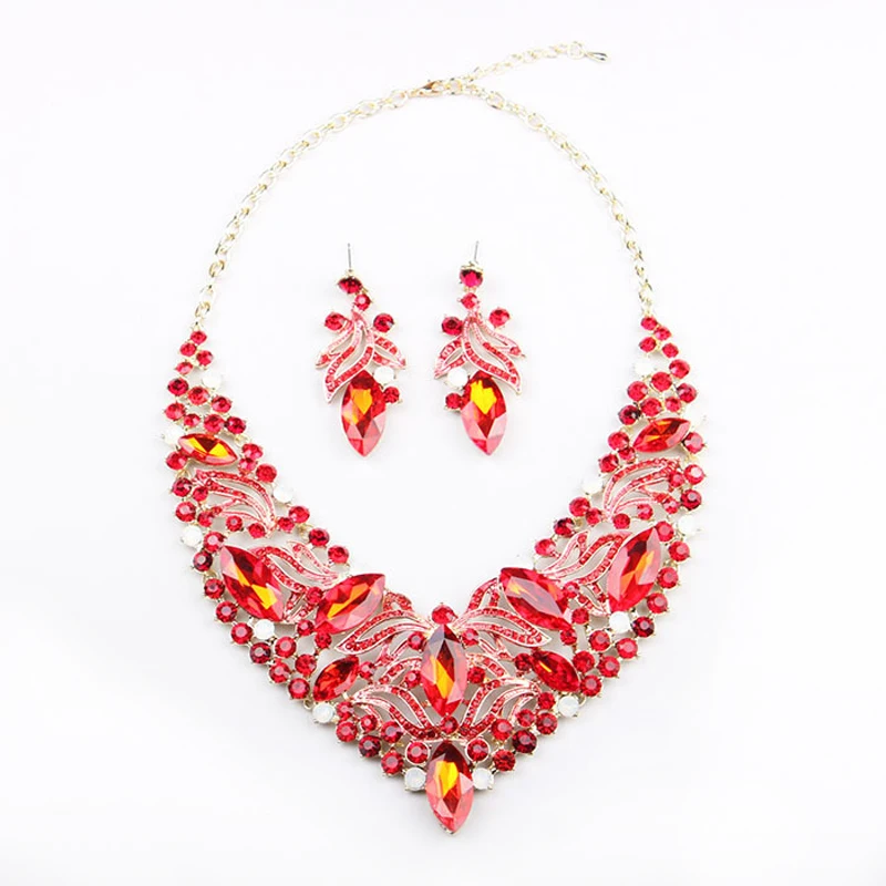Vintage Crystal Shiny Jewelry Set Necklace Earring Wedding Statement For Women Bohemian Luxury Collar Choker Bridal Gift | Украшения и