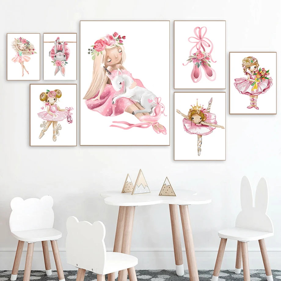 

Cute Ballet Girl Flowers Rabbit Unicorn Shoes Nordic Posters And Prints Wall Art Canvas Painting Kids Room DecorWall Pictures