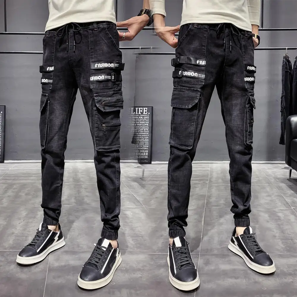 

2020 New Skinny Jeans Men Korean Slim Fit Denim Pants Men Side Pocket Decor Hip Hop Cargo Pants Men Casual Trousers Men Black 36