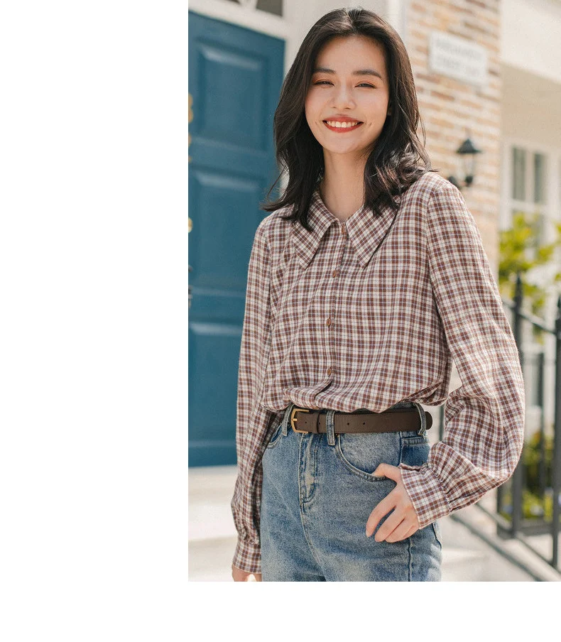 INMAN Winter New Arrival Literary Retro 100%Cotton Doll Collar Plaid Loose Long Sleeve Women Blouse