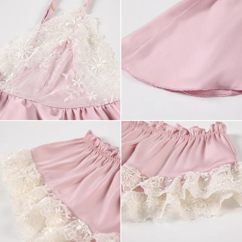 

Satin Pajama Sets Lace Embroidery Cup Women's Pajamas Ruffle Tassel Silk Spaghetti Strap Tops Shorts Gown Home Clothes 2 Pieces