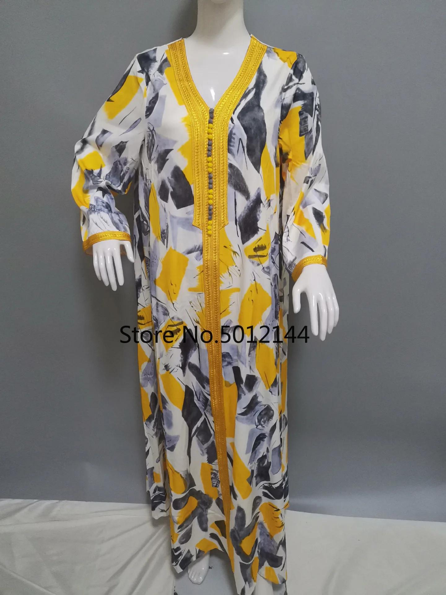 Dubai Fashion Printed Maxi Dress Abaya Muslim Women Loose Style Braid Trimmed Long Sleeve Morroco Kaftan Islam Clothes