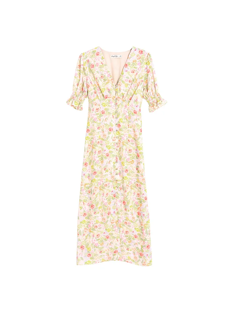 

2021 Spring And Summer New Floral Dress Women's Long V-neck Waist Strap French Gentle Style Tea Break Skirt T Shirt