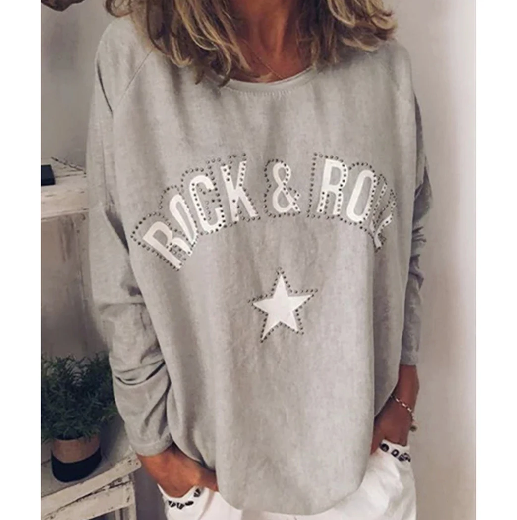 Vintage Harajuku Outwear T-Shirts For Women 2019 Autumn Winter Rhinestone Letter Printed Solid T-Shirt Casual Tees Top Femme | Женская