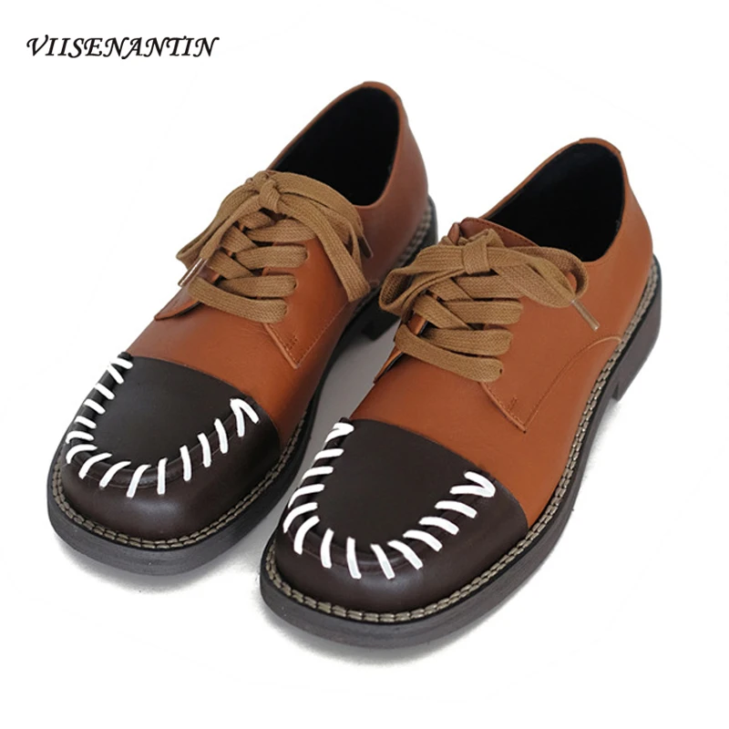 

Small Retro Women Leather Shoes Color Match Lace Up Flat Comfortable Round Toe Shoe British Style Big Head Female Oxfords