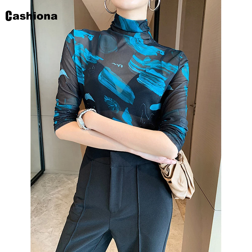 

Женская сетчатая водолазка Cashiona, элегантный повседневный топ для отдыха с длинным рукавом и 3D-принтом, корейские пуловеры, осень 2020