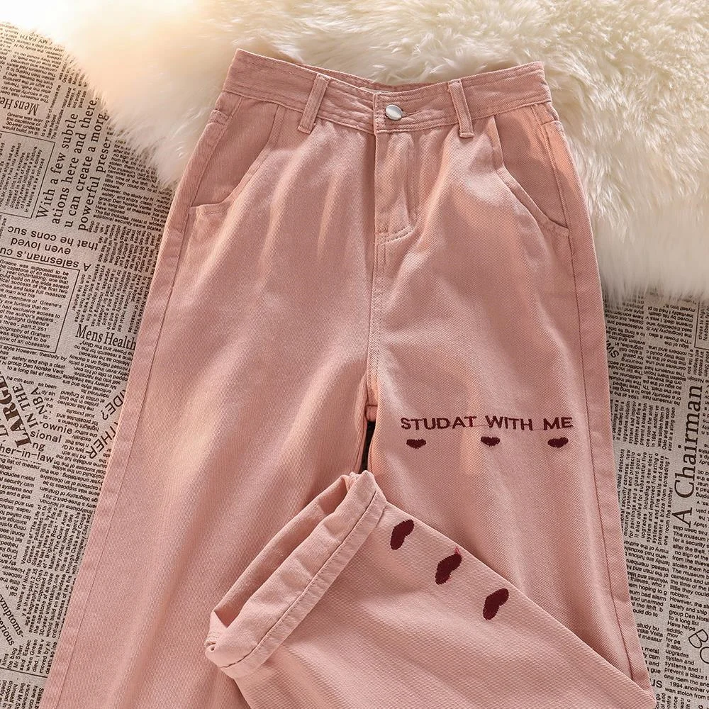 

Прямые джинсы с высокой талией, милые розовые мешковатые женские джинсы, широкие брюки, брюки в студенческом стиле, унисекс, свободные потер...