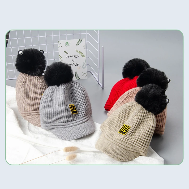 Baby Hat Cotton With Poms Letters Winter Warm Fur Ball Baseball Caps For Boys Girls Knitted Kids Headwear | Детская одежда и обувь