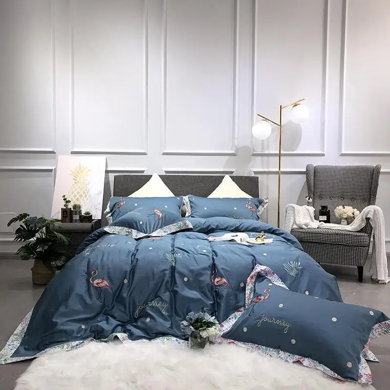 

100%Egyptian Cotton JPieces Flamingo Embroidery Duvet Cover Set Navy Blue King Queen Size Bedding set Bed sheet Pillow shams