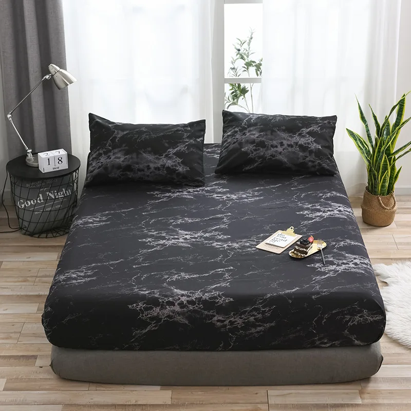 

Dustproof Anti-Mite Mattress Protector Cover Soft Comfortable Bed Fitted Sheet With Elastic Band Marbling Air-Permeable Black