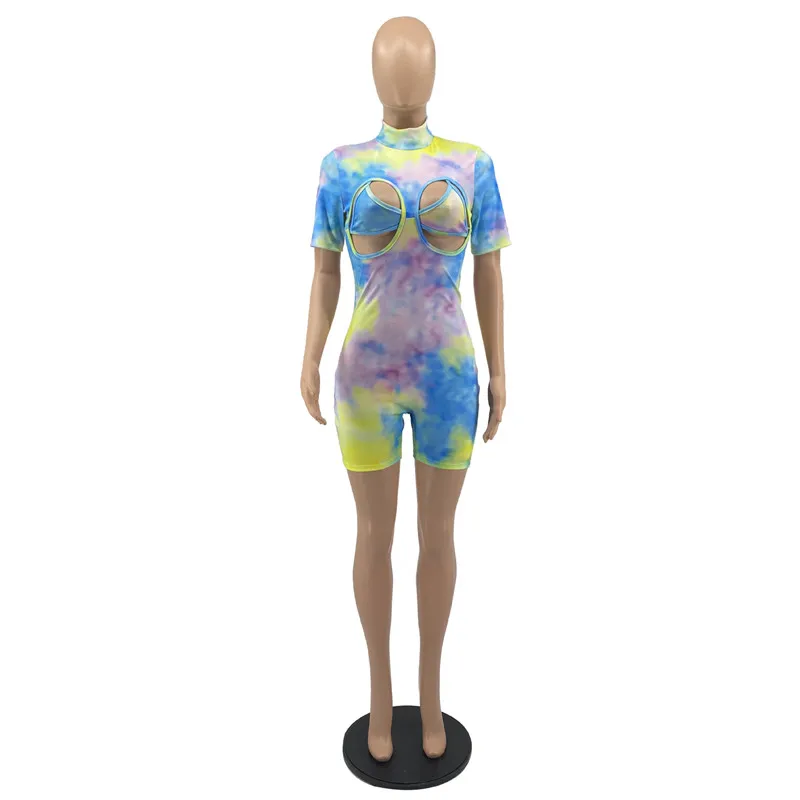 

YEYA Women Print Beach Cut Out with Bra Playsuit Sexy Party Short Sleeve Romper Turtleneck Overalls Summer Outfits