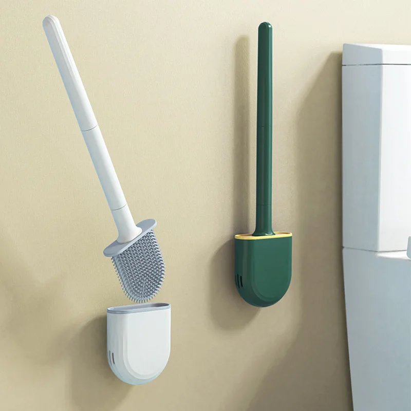 Escobilla de inodoro de silicona montada en la pared con soporte, accesorios para Wc, Juego de cepillos de cerdas suaves, herramienta de limpieza de ba&ntilde;o-0
