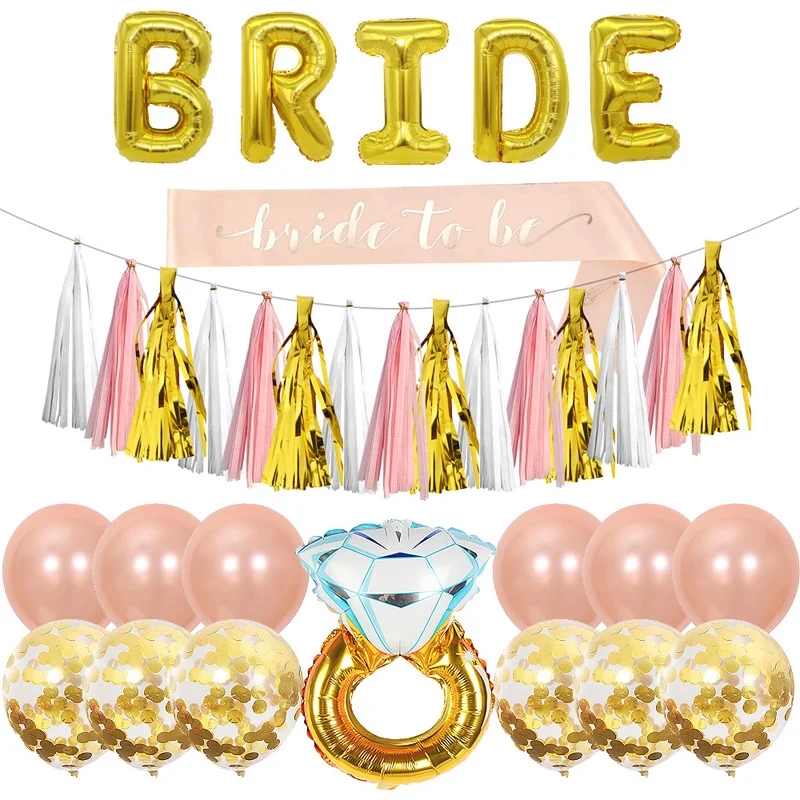 

Wedding Decoration Tassel Banner Bride To Be Satin Sash Ring Bride Letters Foil Balloon Bachelorette Girl's Party Decor Supplies