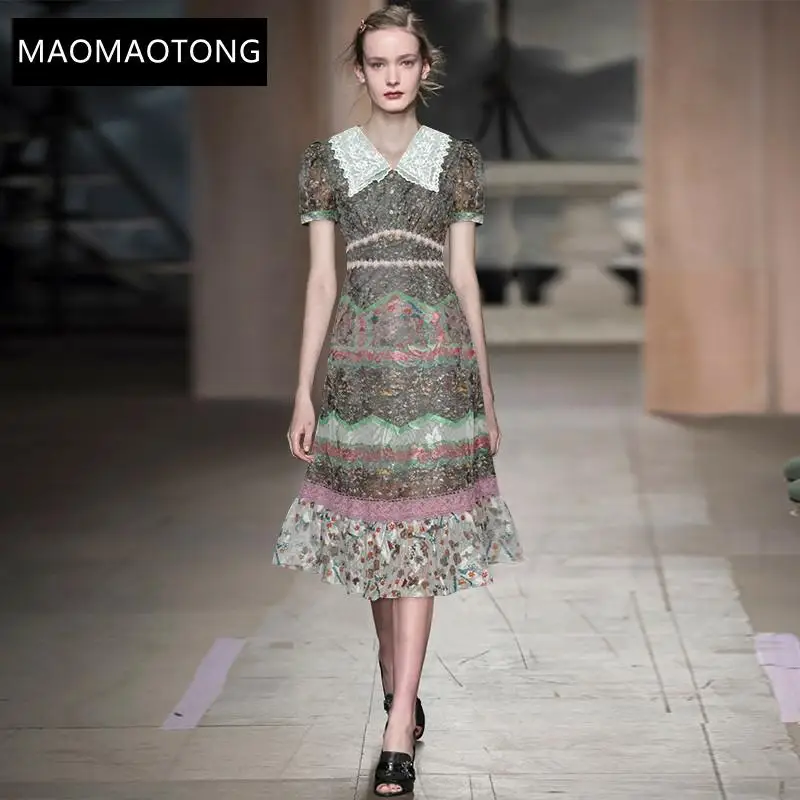 

Fashion Designer Dress Summer Women's Dress Embroidered Turndown-collar Short Sleeve Lace Mesh Print Vintage Midi Dress
