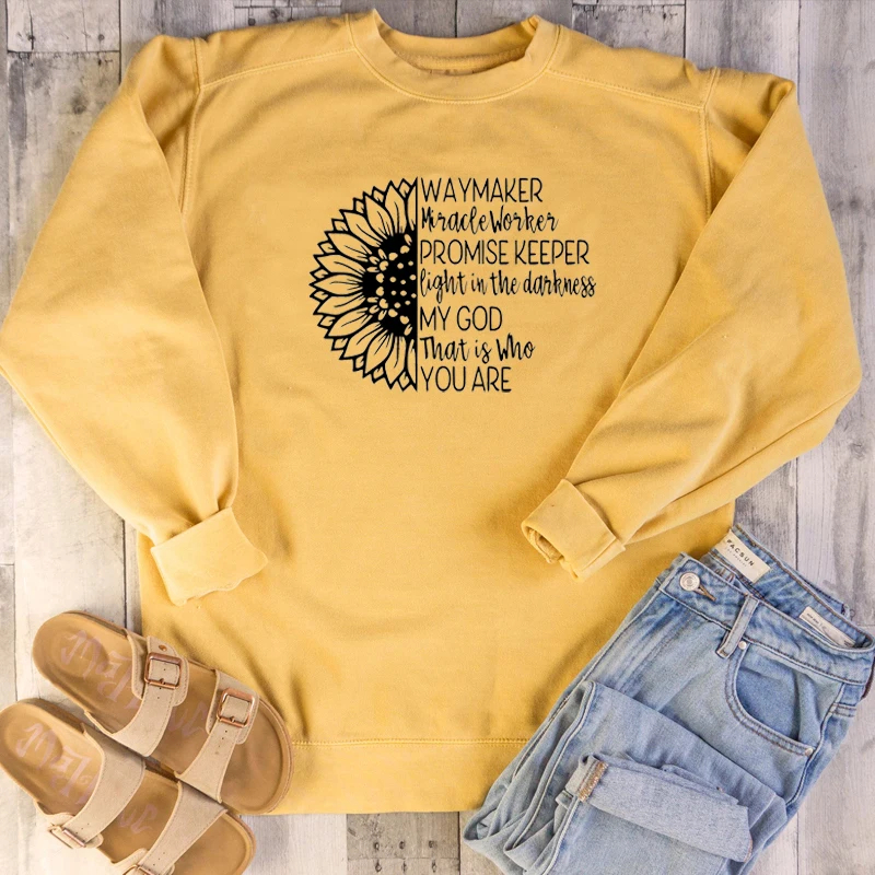 

Waymaker Miracle Worker Sunflower christian religion slogan graphic women fashion pure cotton Bible baptism sweatshirt tops