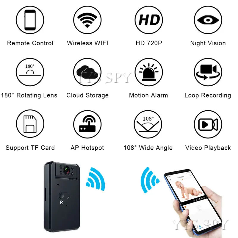 Мини WiFi камера 5 часов видео HD 720P ночного видения обнаружения движения