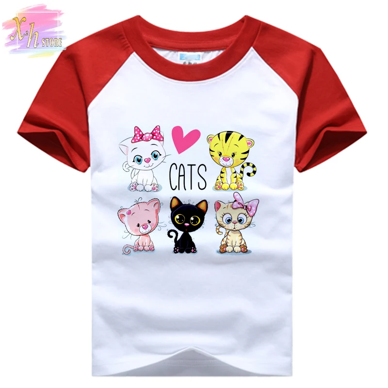

Футболки с красивым принтом розового кота для девочек и мальчиков, детская одежда, топы, летняя хлопковая дышащая футболка с коротким рукав...