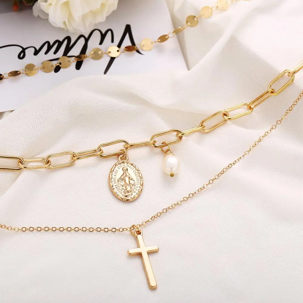 Ожерелье женское многослойное с искусственным жемчугом и пайетками - купить по