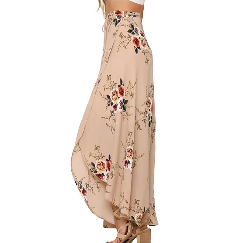 

2018 New Summer Hot Women Stretch High Waist Floral Long Skirt Maxi Pleated Beach Casual Boho Polyester Floor-length Skirt