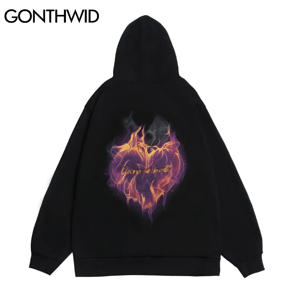 

Толстовки GONTHWID в стиле хип-хоп с принтом пламени и сердца, толстовки с капюшоном, уличная одежда в стиле Харадзюку, модная повседневная Своб...