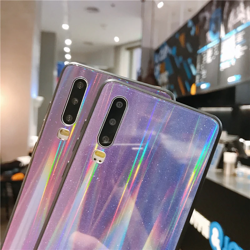 Блестящий чехол с лазерным градиентом для Huawei P20 Lite P30 жесткий защитный из