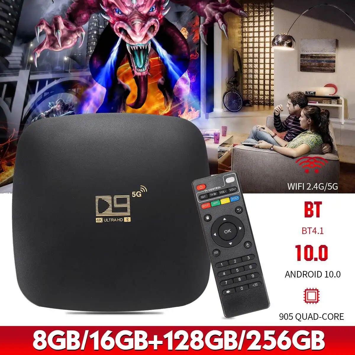 

D9 TV Box Android 10.0 TV BOX 16GB 256GB 8G 128G 2.4G 5GWIFI 905 Core 4K 4D bluetooth TV receiver 1280P Fast Set Top Youtube Set