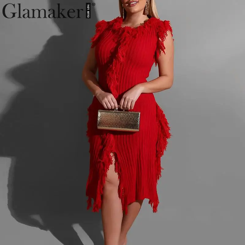 Glamaker/красное платье без рукавов с кисточками в стиле пэчворк женское длинное
