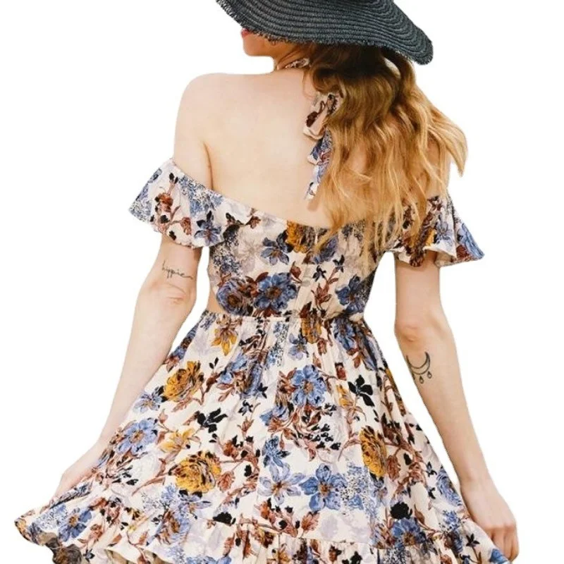 

Women's Summer Cool V-neck Sling Print Hanging Neck Strapless Small Fresh Dress Beach Skirt Kawaii Pastoral Style Dress