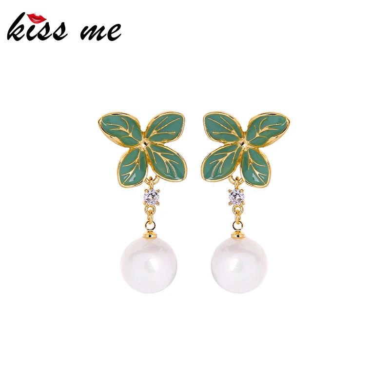 Женские серьги подвески в виде четырехлистного клевера с зеленой эмалью и