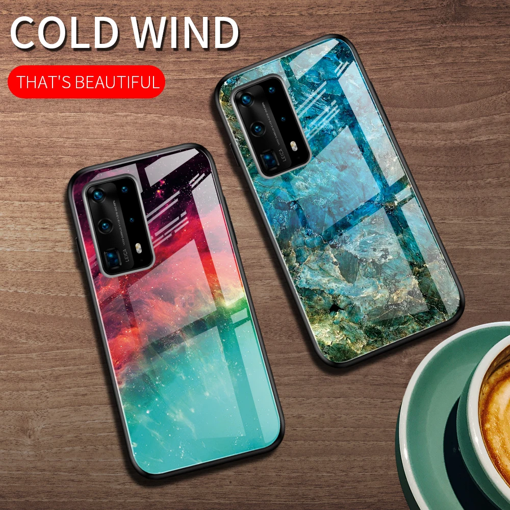 

For Huawei P40 P30 P20 Pro Honor 20 9X 8A 10 Lite Nova4 Gradient Tempered Glass Case Phone Back Cover Soft TPU Edge Shell Skin