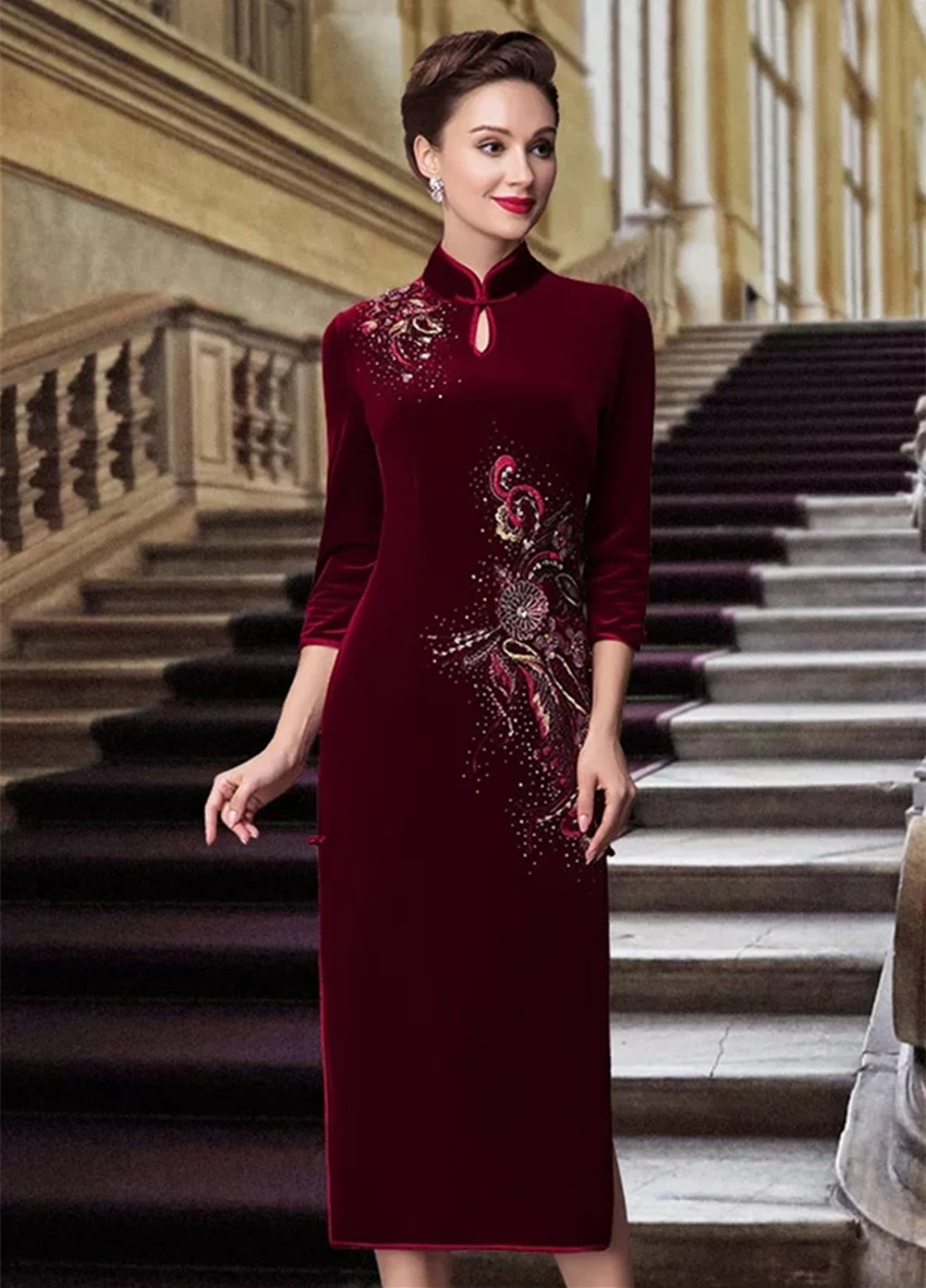 Длинное пальто для девочек бархатное китайское платье с разрезами по бокам и