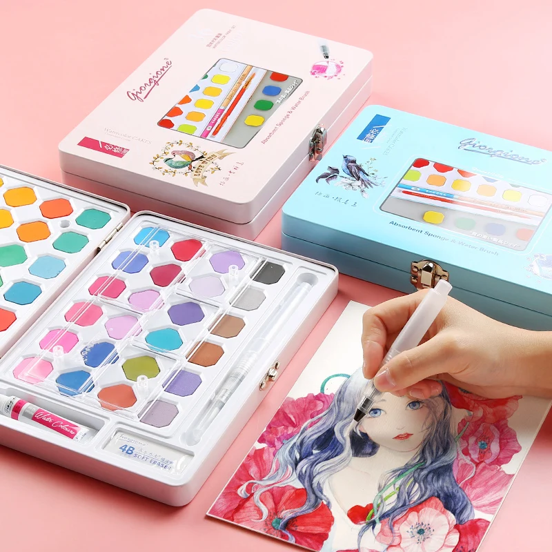 36/48 цвета розовый/синий Твердые акварельные краски в наборе с железной коробкой