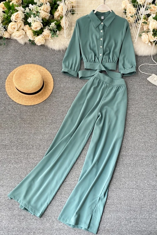 

Women New Fashion Retro Lapel Long Sleeve Short Tops + High Waist Leisure Broad Leg Trousers Autumn Winter Two Piece Sets P858